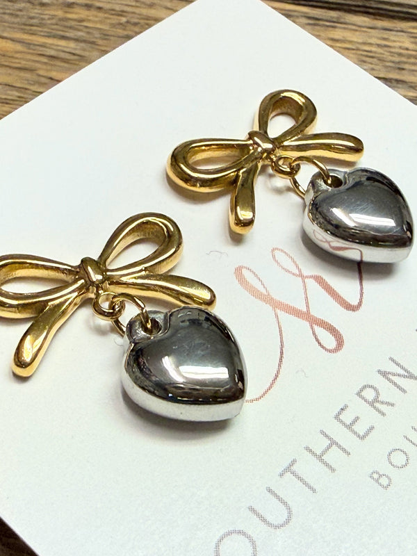 Silver/Gold Bow Heart Stud Earrings | 18k Gold-Plated