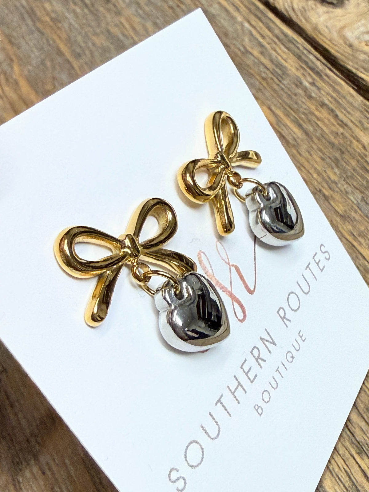 Silver/Gold Bow Heart Stud Earrings | 18k Gold-Plated