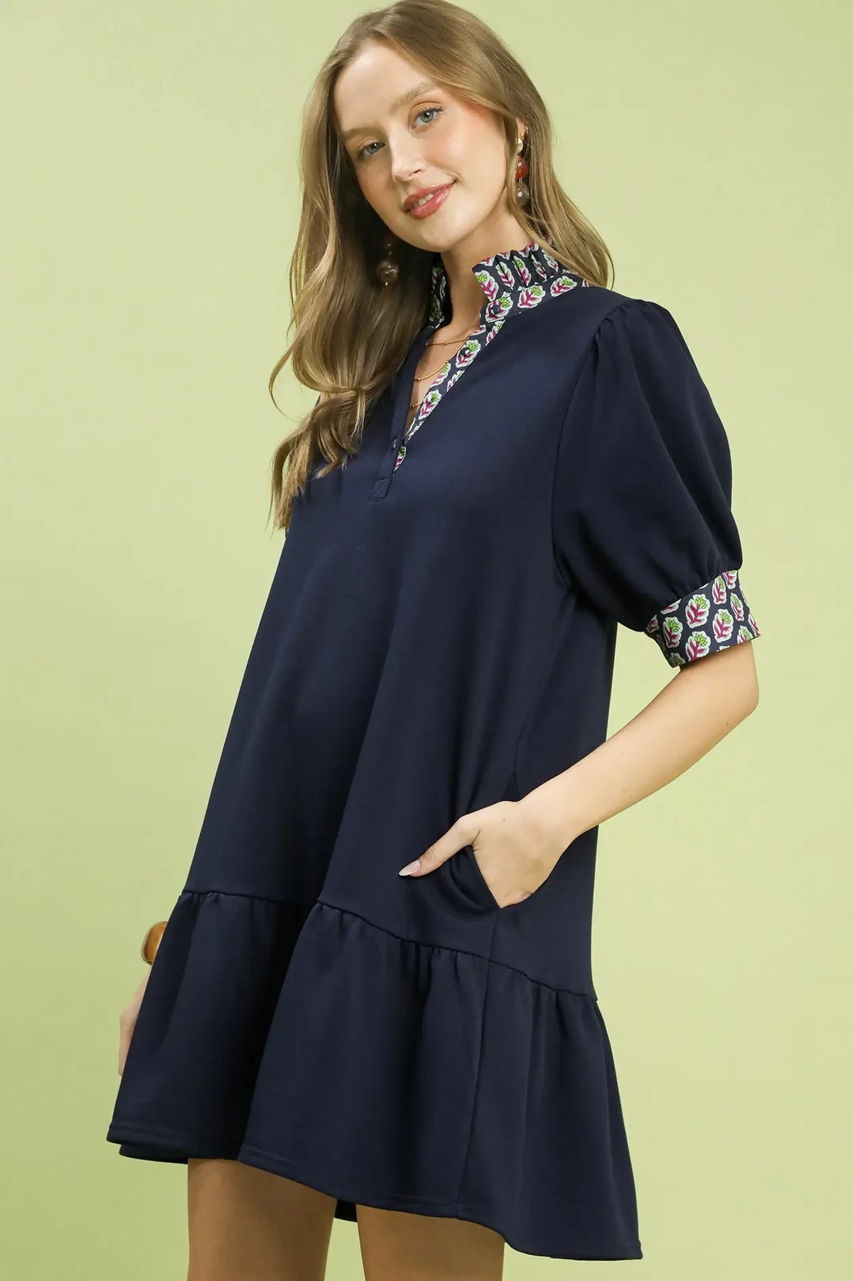 French Terry Abstract Babydoll Dress | Navy