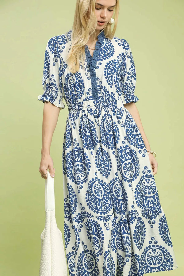 Lace Trim Paisley Midi Dress | Blue