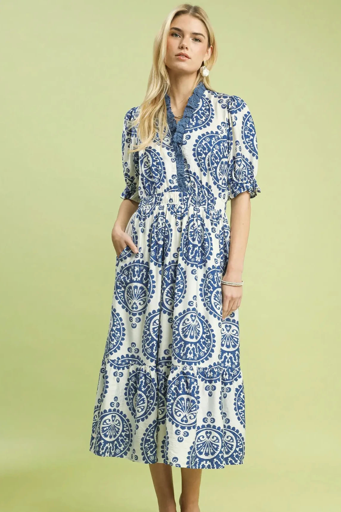 Lace Trim Paisley Midi Dress | Blue