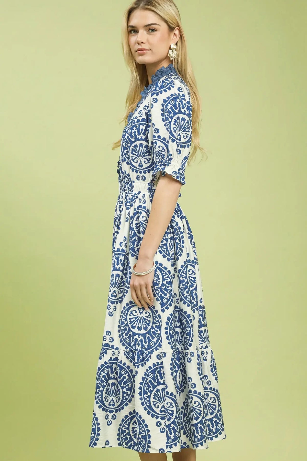 Lace Trim Paisley Midi Dress | Blue