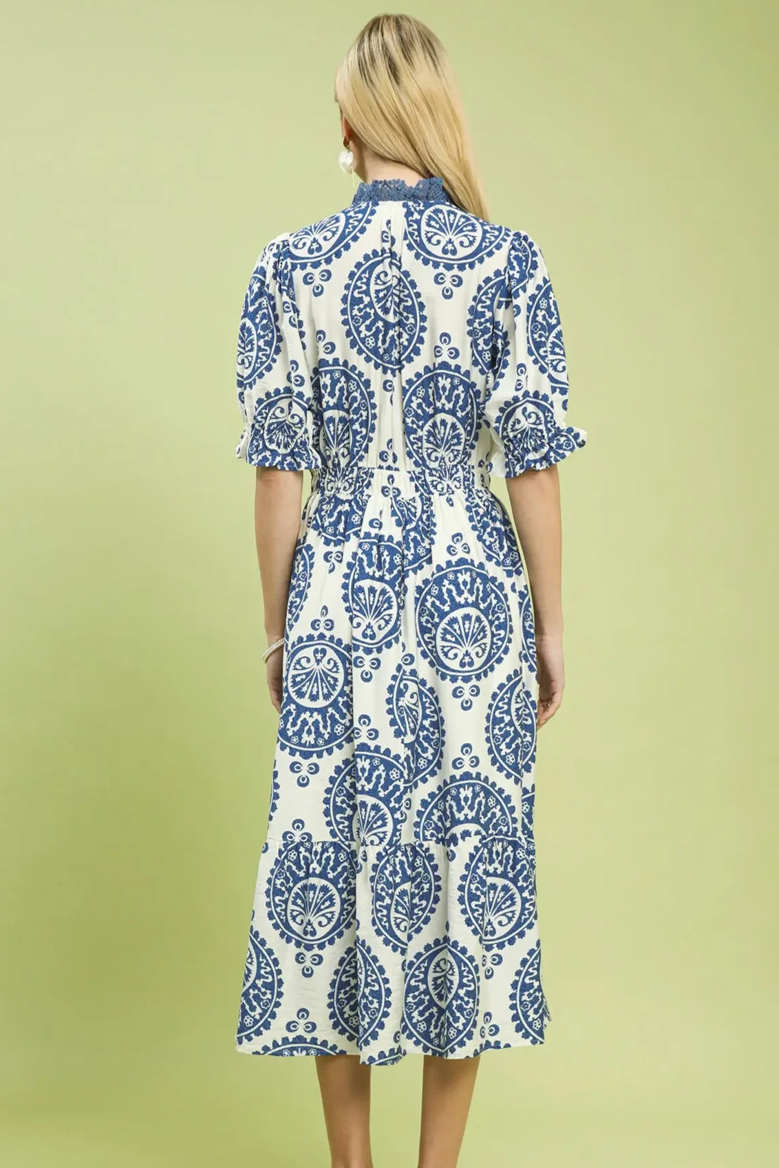 Lace Trim Paisley Midi Dress | Blue