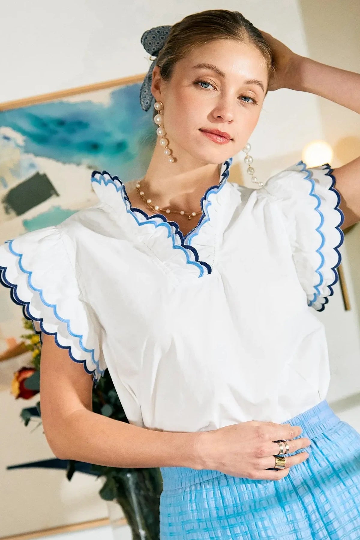 Scallop Trim Ruffle Detail Top | Off White