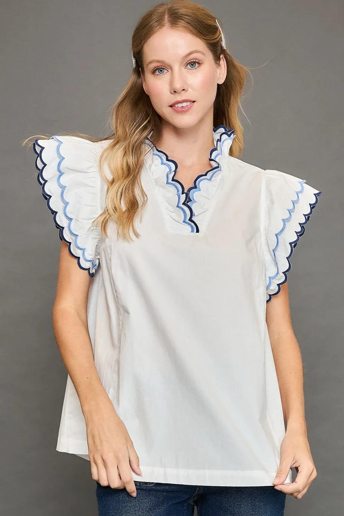 Scallop Trim Ruffle Detail Top | Off White