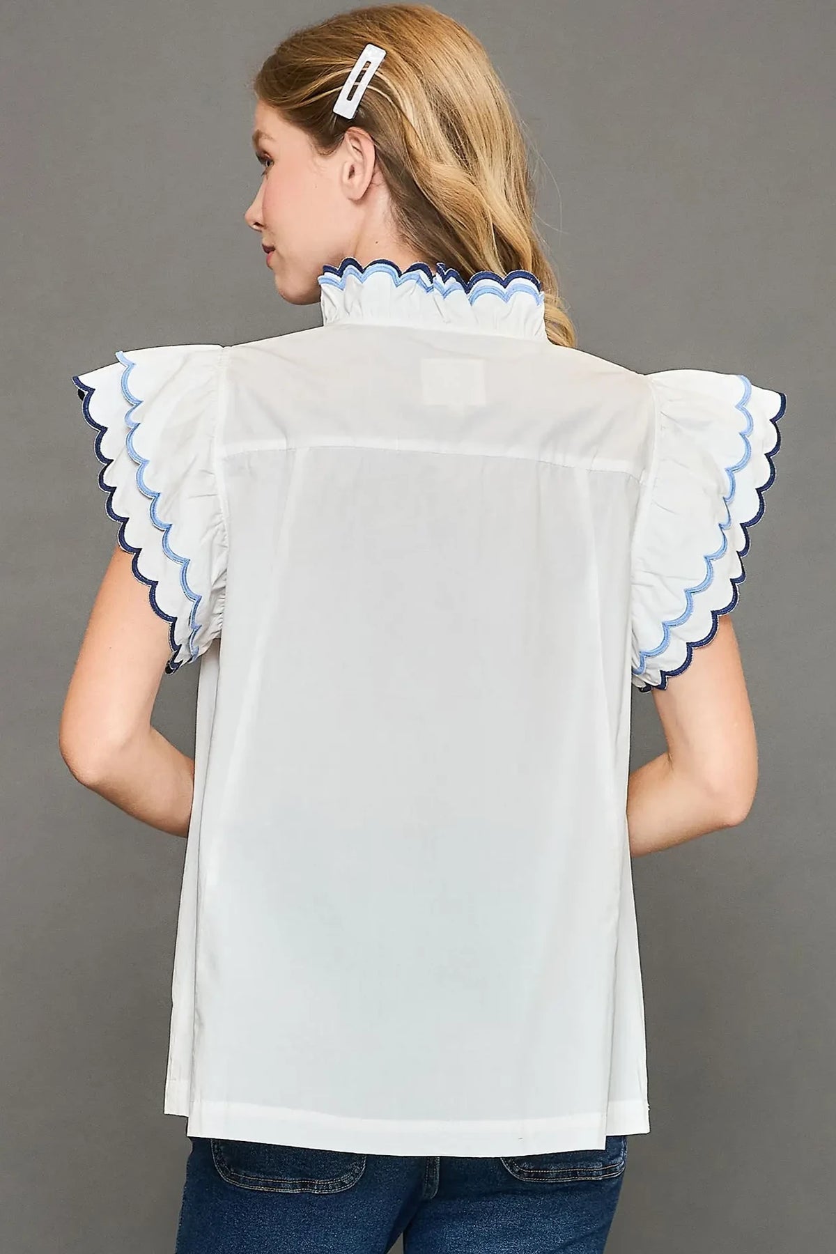Scallop Trim Ruffle Detail Top | Off White