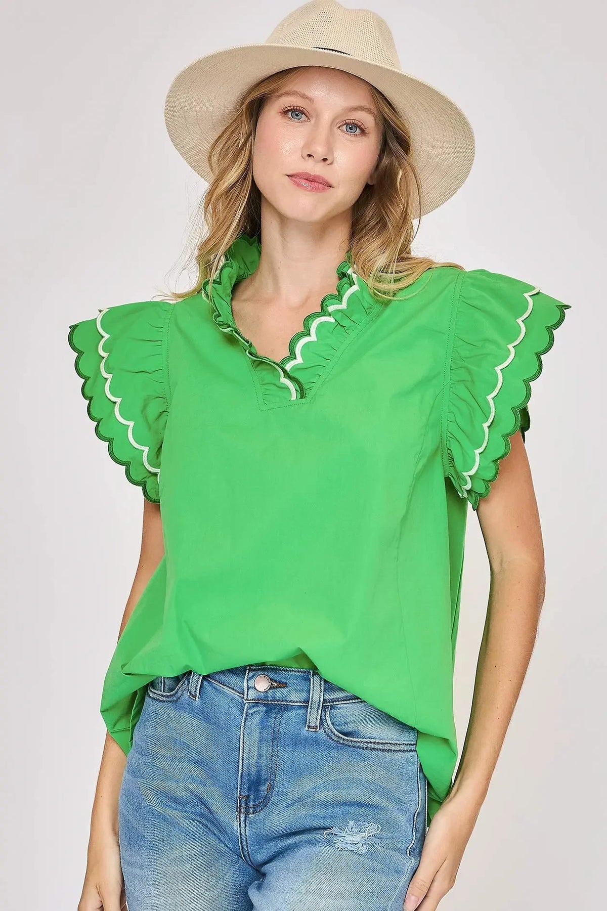 Scallop Trim Ruffle Detail Top | Kelly Green