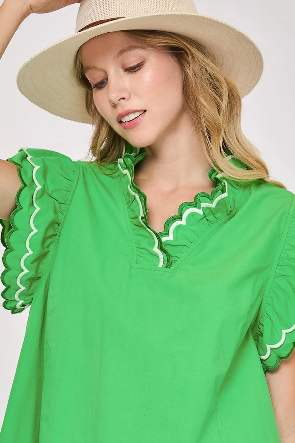 Scallop Trim Ruffle Detail Top | Kelly Green