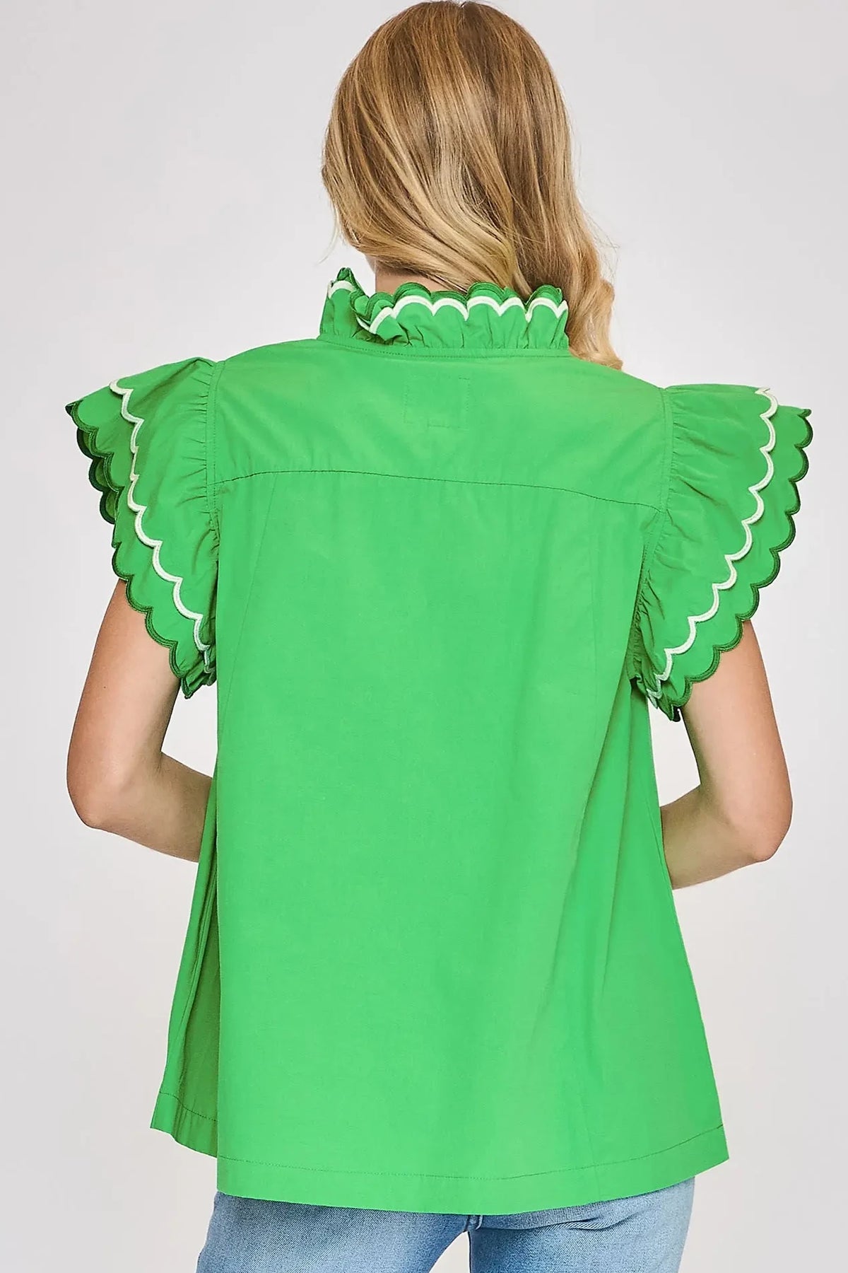 Scallop Trim Ruffle Detail Top | Kelly Green