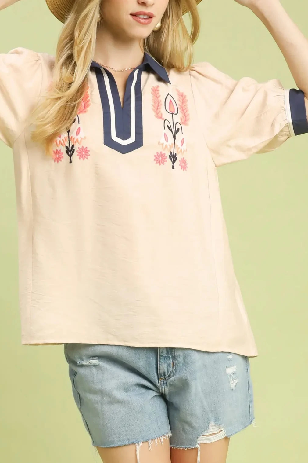Embroidered Puff Sleeve Top | Oatmeal