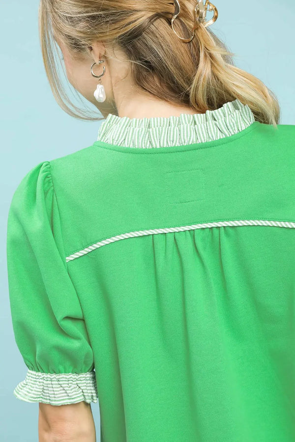 French Terry Ruffled Stripe Contrast Top | Apple Green