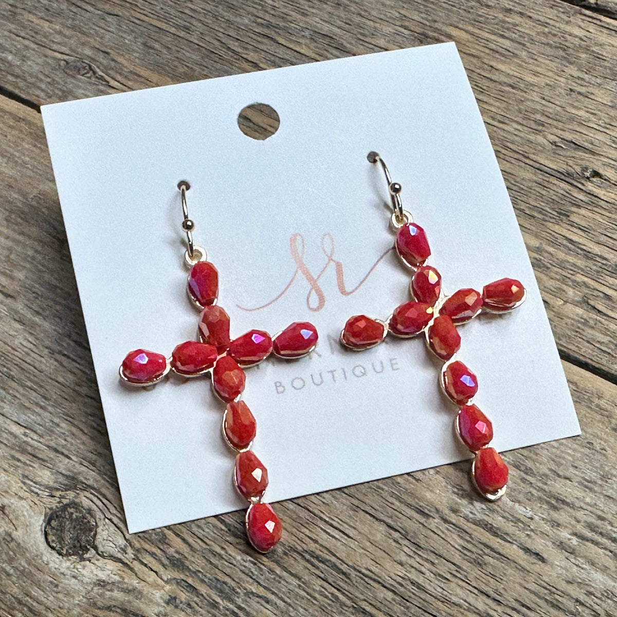 Crystal Beaded Cross Earrings | Coral