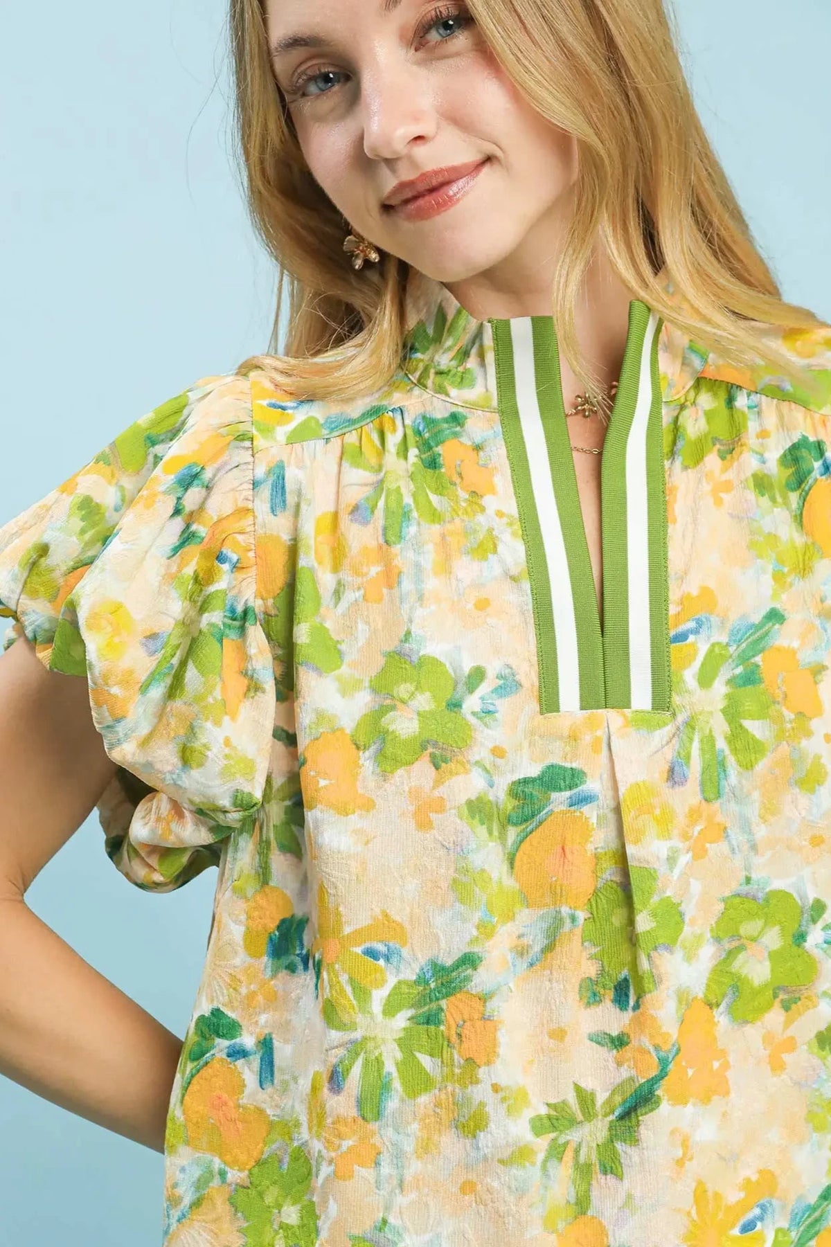 Floral+Stripe Puff Sleeve Top | Green Mix
