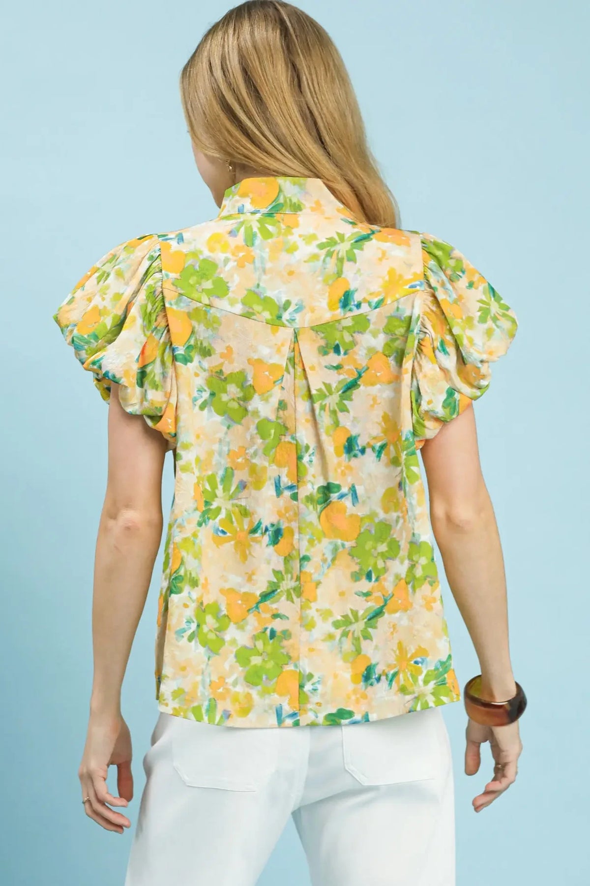 Floral+Stripe Puff Sleeve Top | Green Mix