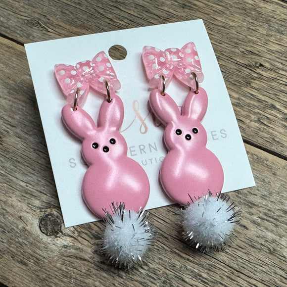 Bow & Bunny Pom Pom Earrings | Pink
