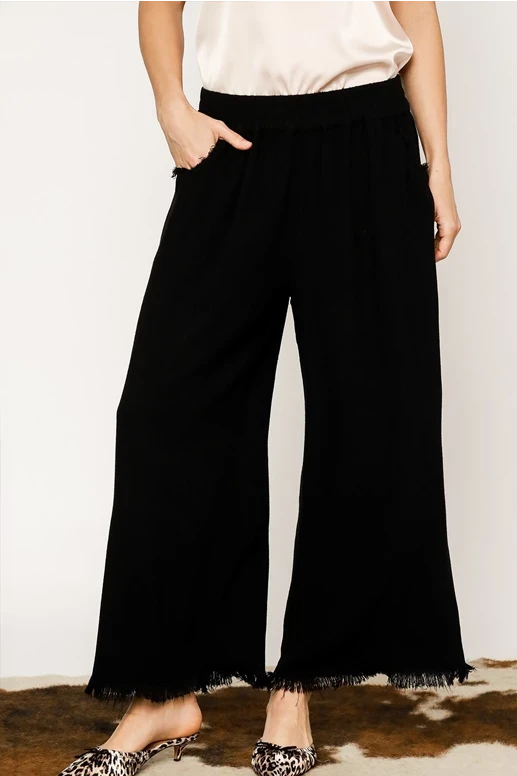 Cropped Linen Frayed Hem Pants | Black