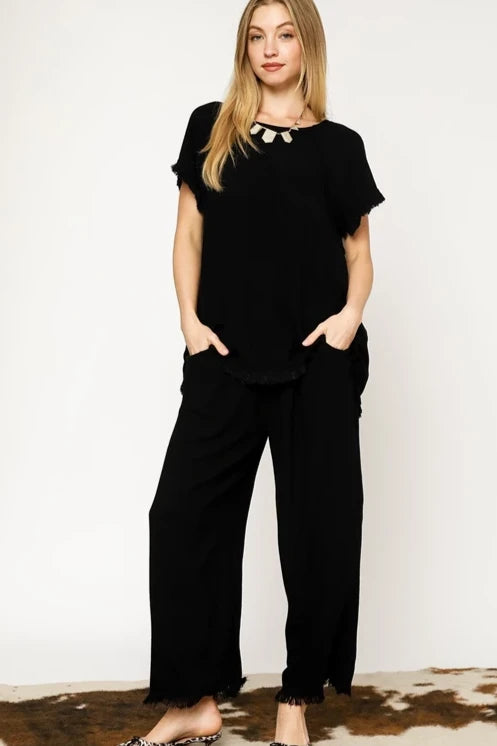 Cropped Linen Frayed Hem Pants | Black