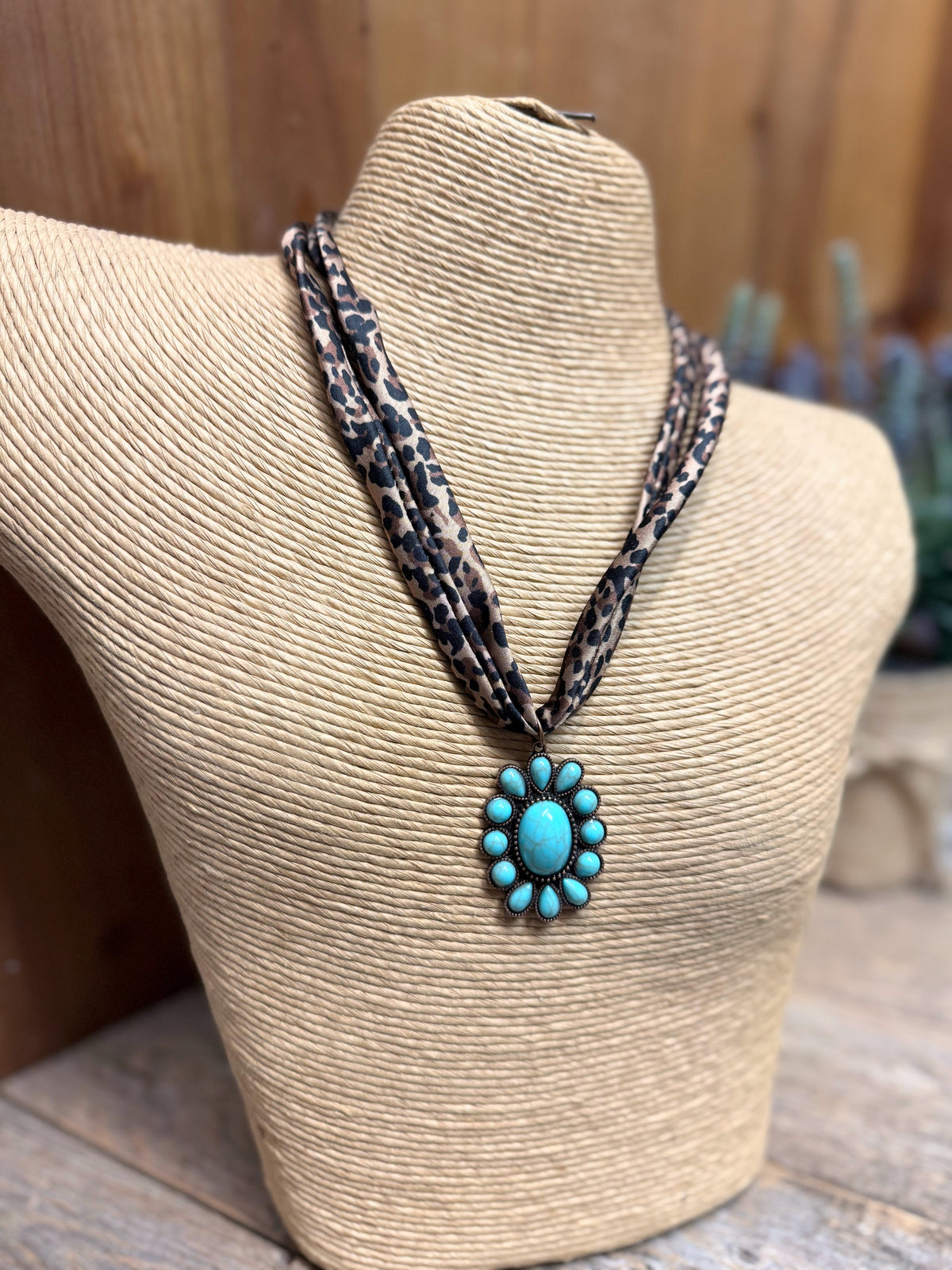 Turquoise Charm Scarf Necklace | Leopard