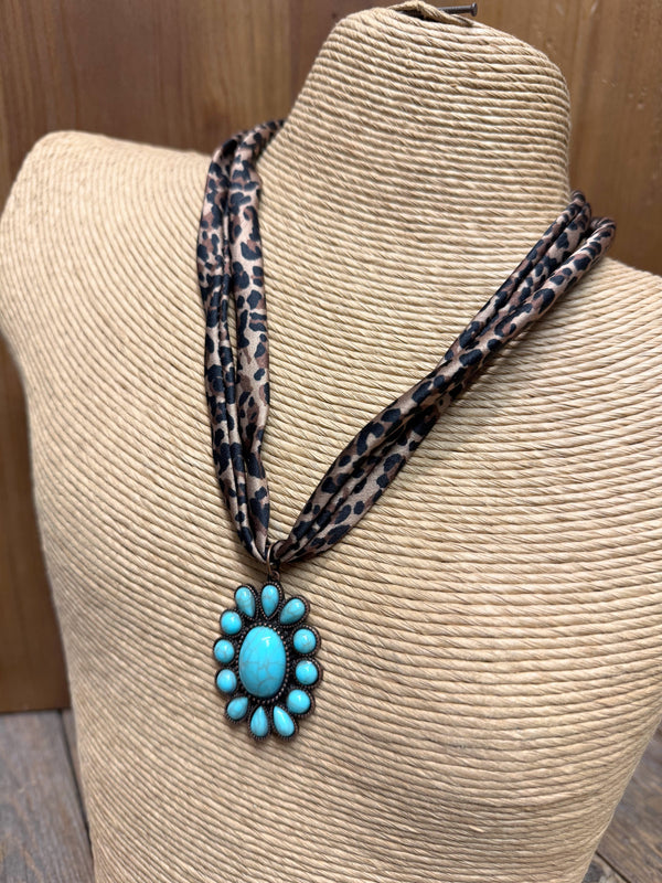 Turquoise Charm Scarf Necklace | Leopard