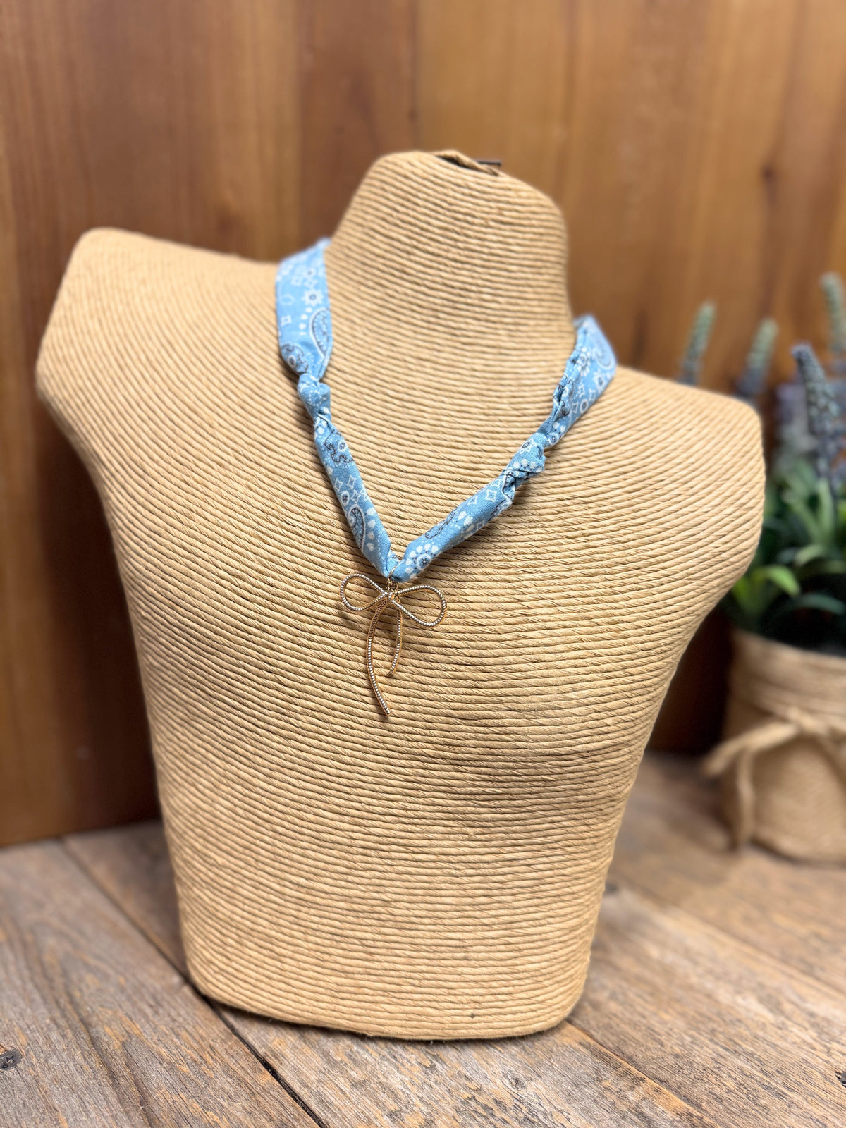 Bow Charm Scarf Necklace | Blue Paisley