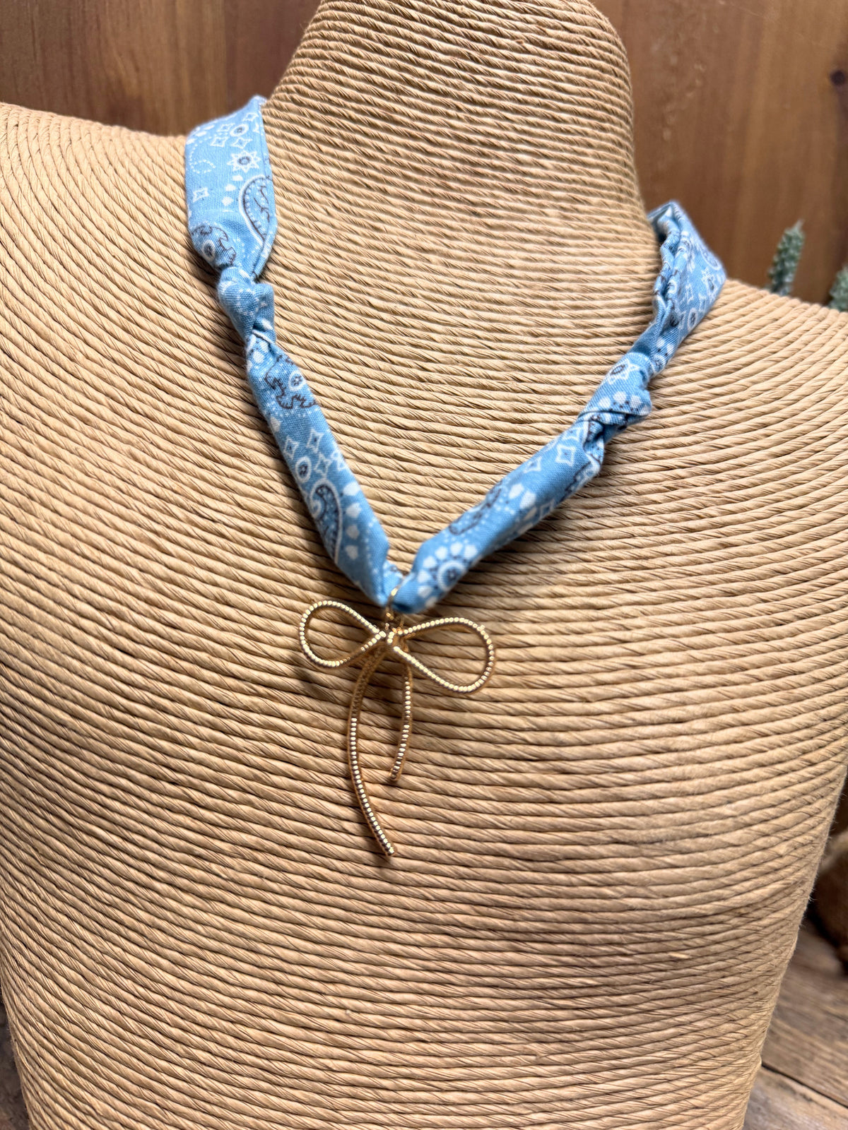 Bow Charm Scarf Necklace | Blue Paisley