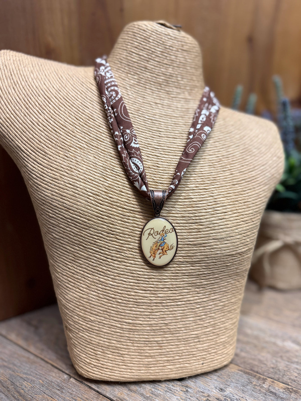 Western Rodeo Photo Charm Scarf Necklace | Brown Bandana