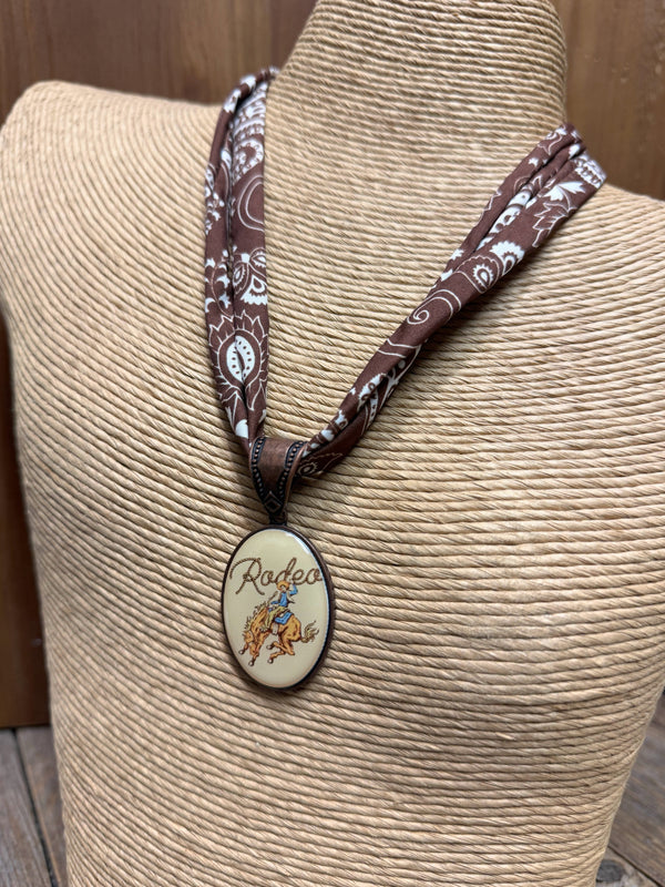 Western Rodeo Photo Charm Scarf Necklace | Brown Bandana