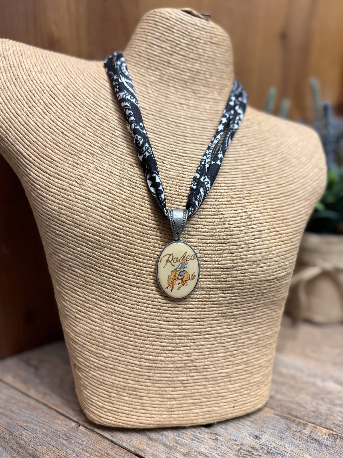 Western Rodeo Photo Charm Scarf Necklace | Black Bandana