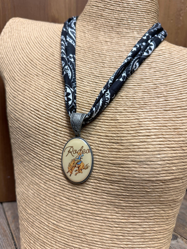Western Rodeo Photo Charm Scarf Necklace | Black Bandana
