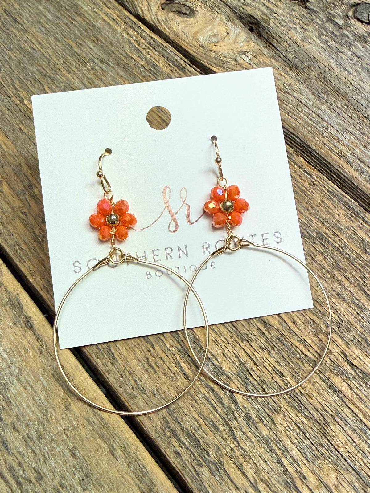 Beaded Flower Drop Circle Earrings | Orange