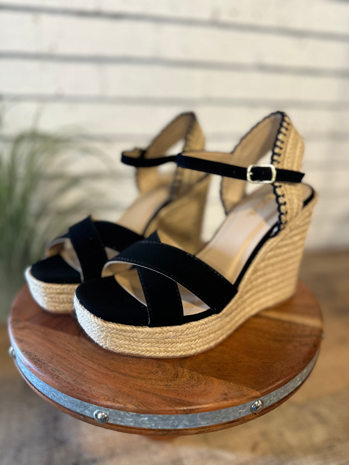 The Lorita Cross Strap Espadrille Wedge | Black