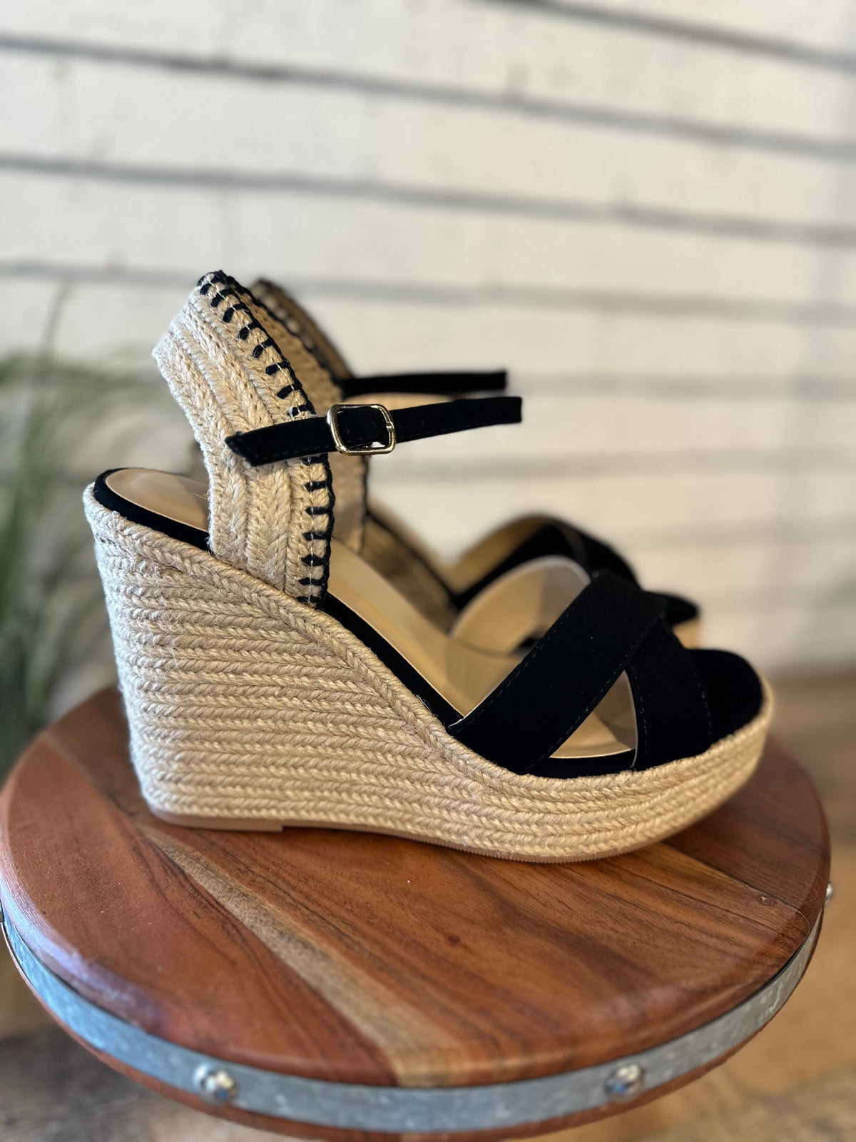 The Lorita Cross Strap Espadrille Wedge | Black
