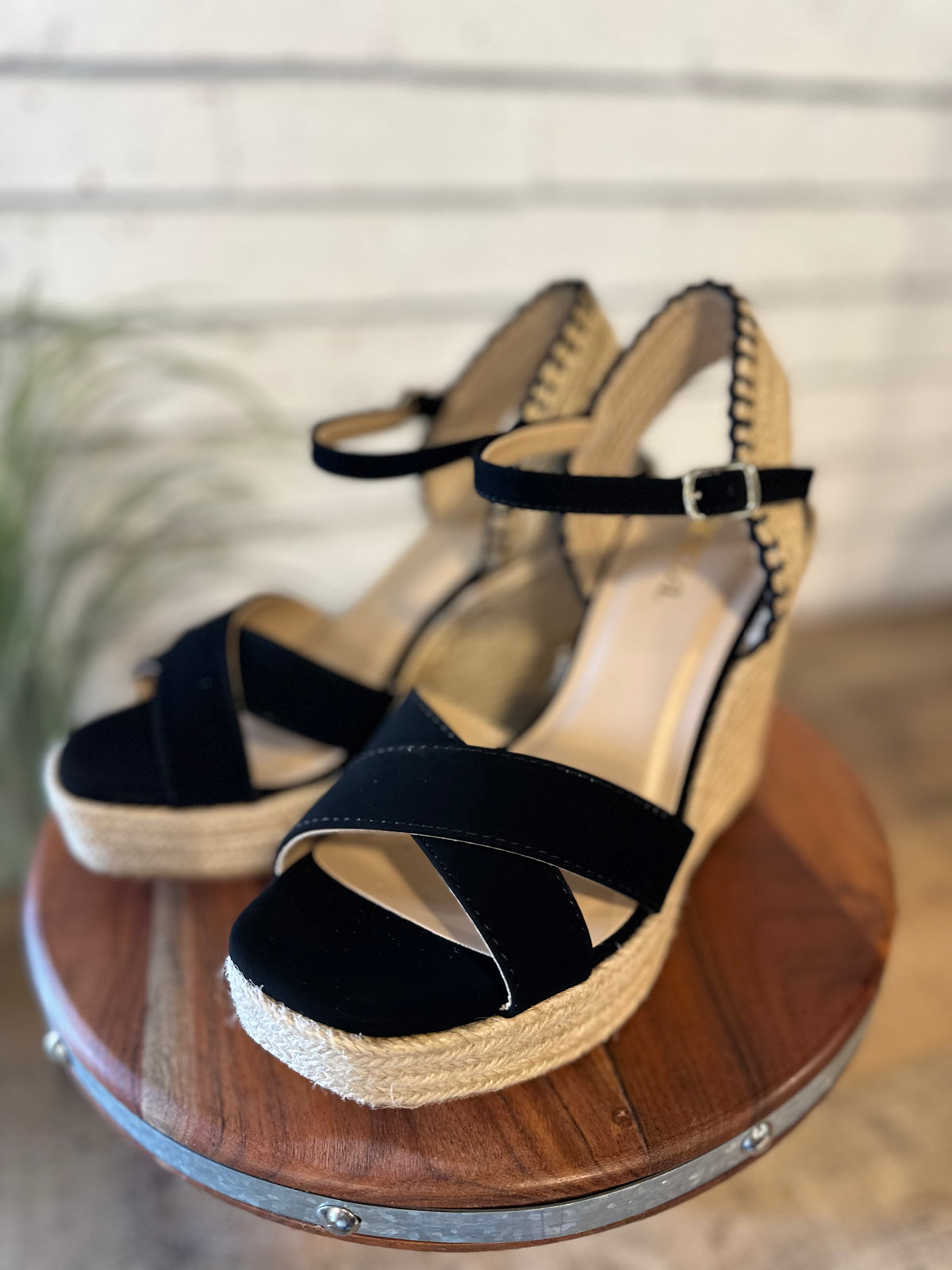 The Lorita Cross Strap Espadrille Wedge | Black