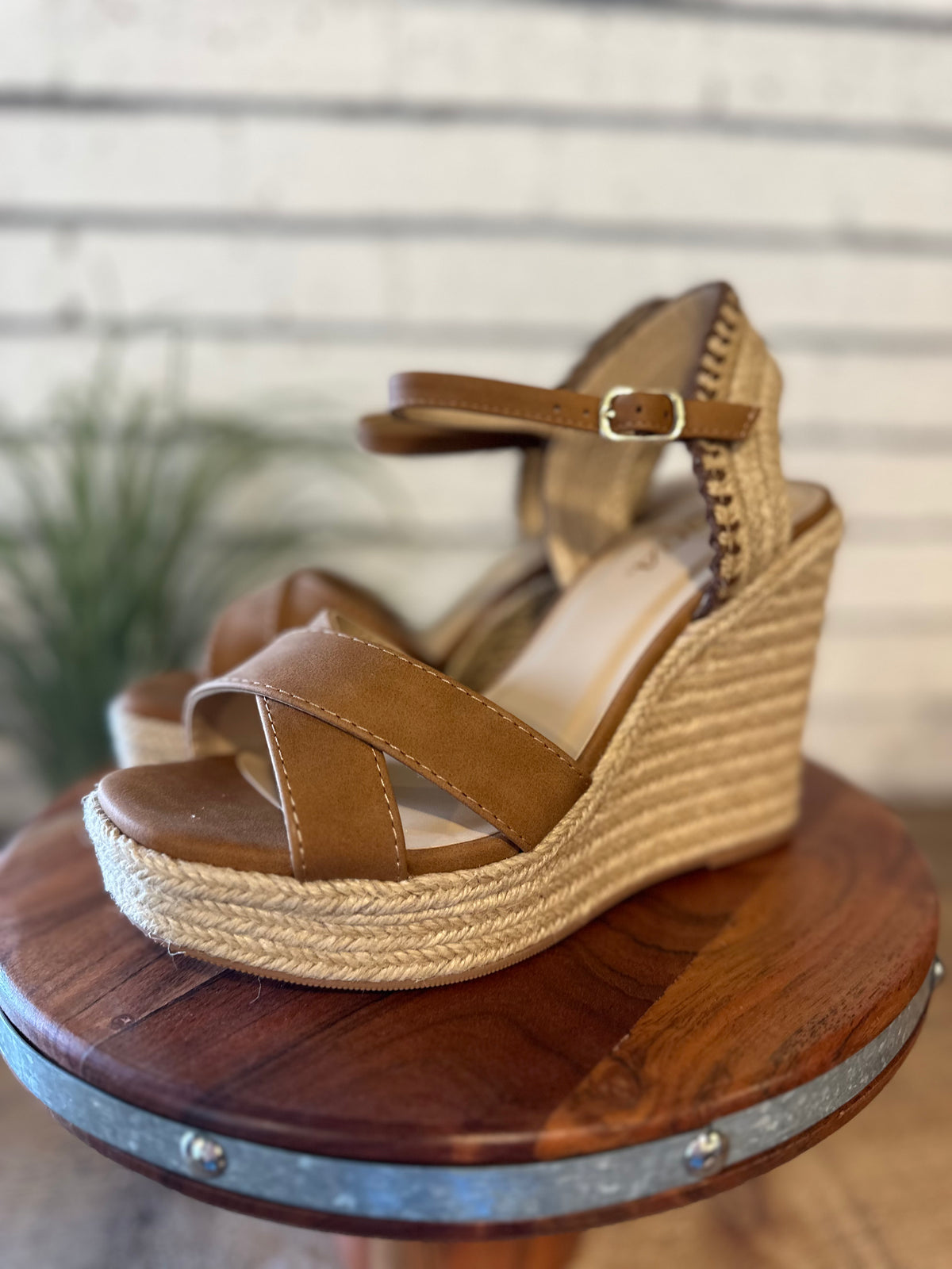 The Lorita Cross Strap Espadrille Wedge | Tan