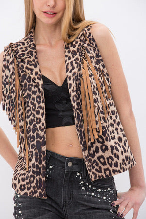 Sleeveless Open Front Collared Fringe Vest | Leopard