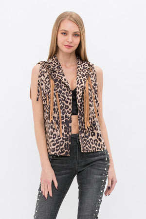Sleeveless Open Front Collared Fringe Vest | Leopard