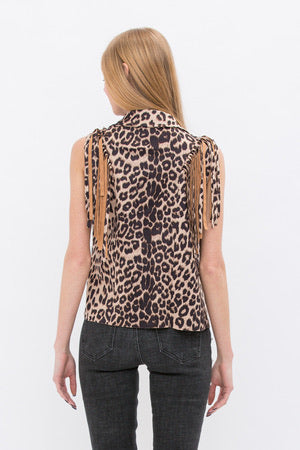 Sleeveless Open Front Collared Fringe Vest | Leopard