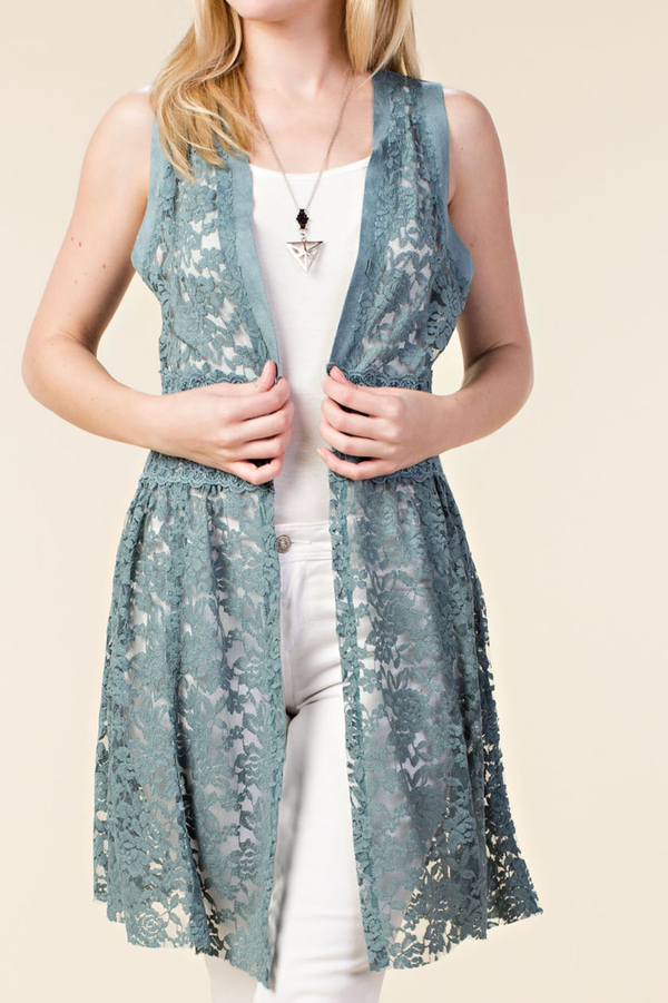 Suede Trim Lace Vest | Turquoise Blue
