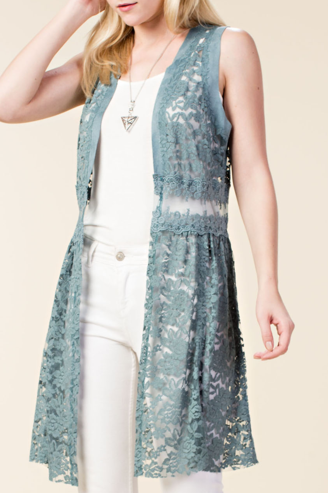 Suede Trim Lace Vest | Turquoise Blue