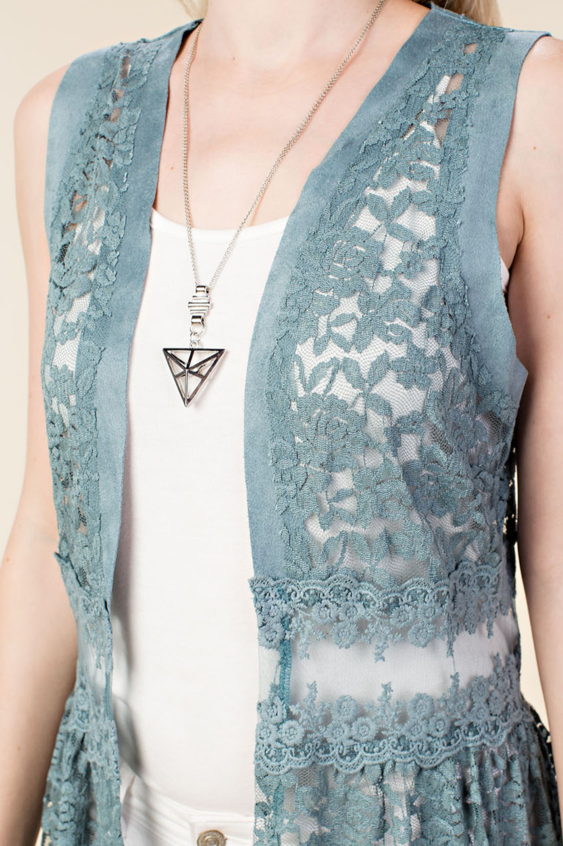 Suede Trim Lace Vest | Turquoise Blue