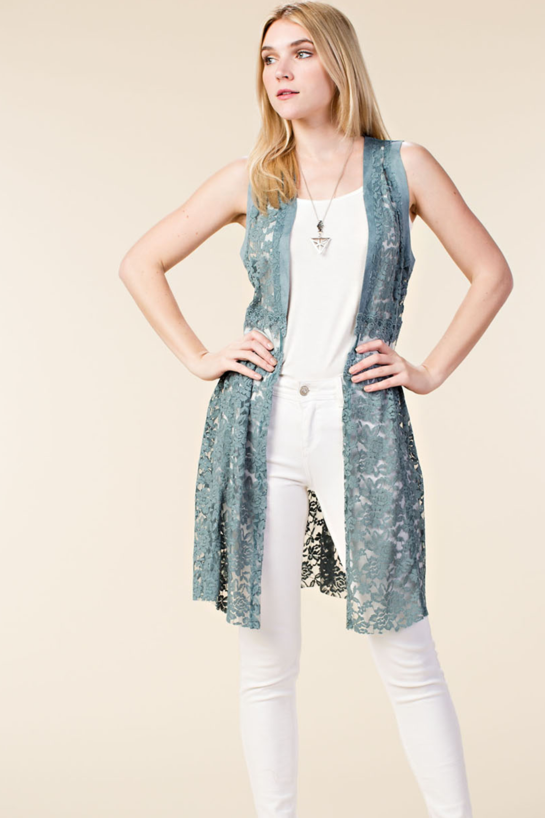 Suede Trim Lace Vest | Turquoise Blue