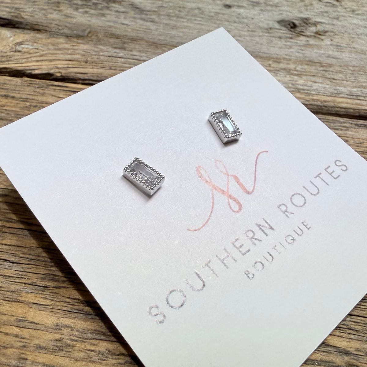 Rectangle Gold Dipped CZ Stud Earrings | Silver