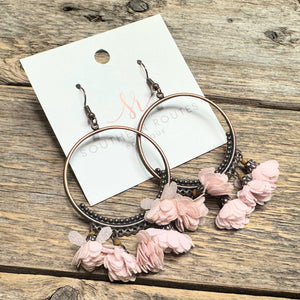 Patina Metal Flower Drop Earrings | Light Pink