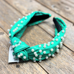 Faux Leather Pearl Knot Headband | Kelly Green