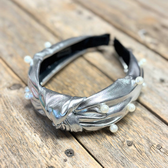 Metallic Faux Leather Pearl Knot Headband | Silver