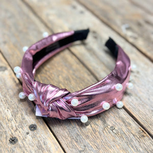Metallic Faux Leather Pearl Knot Headband | Pink