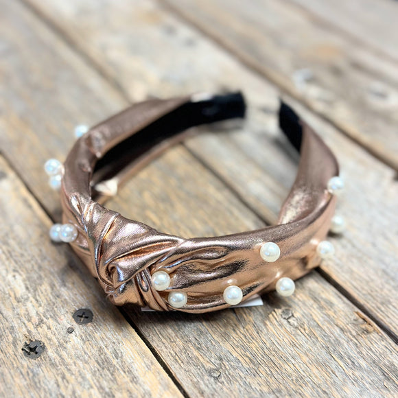 Metallic Faux Leather Pearl Knot Headband | Rose Gold