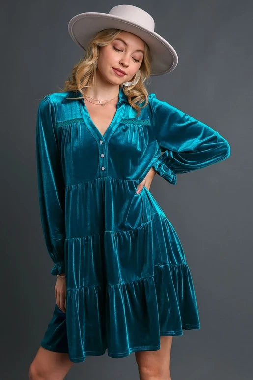 Velvet Tiered Dress | Teal Blue
