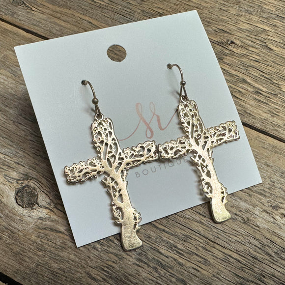 Tree Vine Detail Cross Earrings | Gold