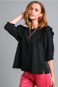 French Terry Ruffle Trim Top | Black